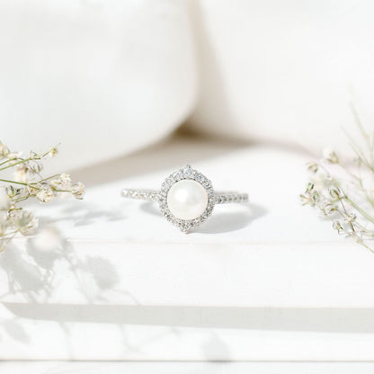 Freshwater Pearl and Diamond Halo Engagement Ring