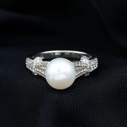 Cultured 7.4 Carat Freshwater Pearl Engagement Ring with Lab Diamonds