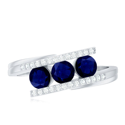 Real Blue Sapphire 3 Stone Promise Ring with Diamond Bypass Shank