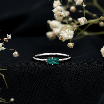 East West Set Baguette Cut Emerald May Birthstone Ring