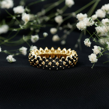 Round Cut Black Onyx Cluster Wedding Band for Women