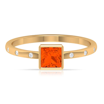 Princess Cut Fire Opal Solitaire Promise Ring with Diamonds