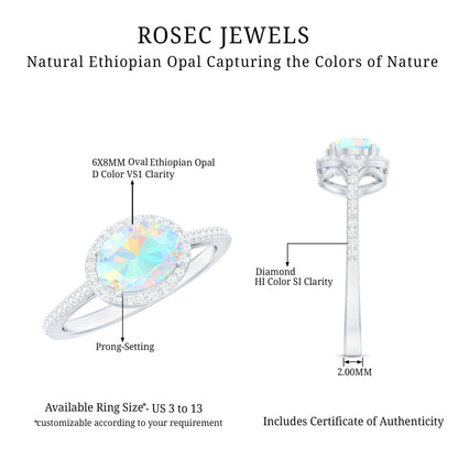 Genuine 1.2 Carat Oval Opalescent East West Engagement Ring with Diamond Halo