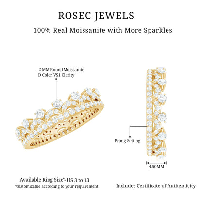 Round Cut Certified Moissanite Crown Wedding Band for Women