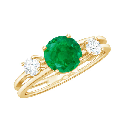 Natural Emerald Diamond Three Stone Engagement Ring
