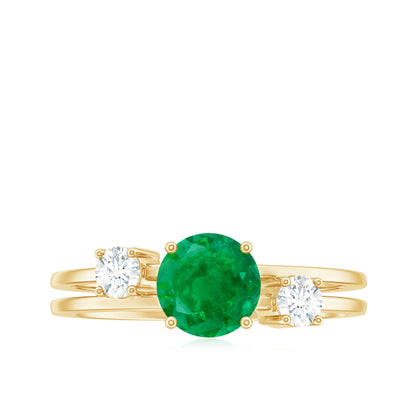 Natural Emerald Diamond Three Stone Engagement Ring