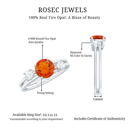 Double Band Engagement Ring with Fire Opal and Diamond