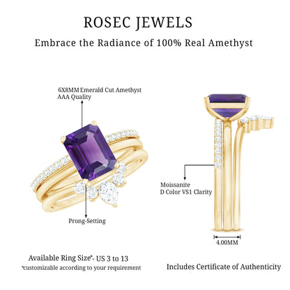 Natural 1.4 Carat Amethyst 3 Piece Bridal Ring Set with Diamond