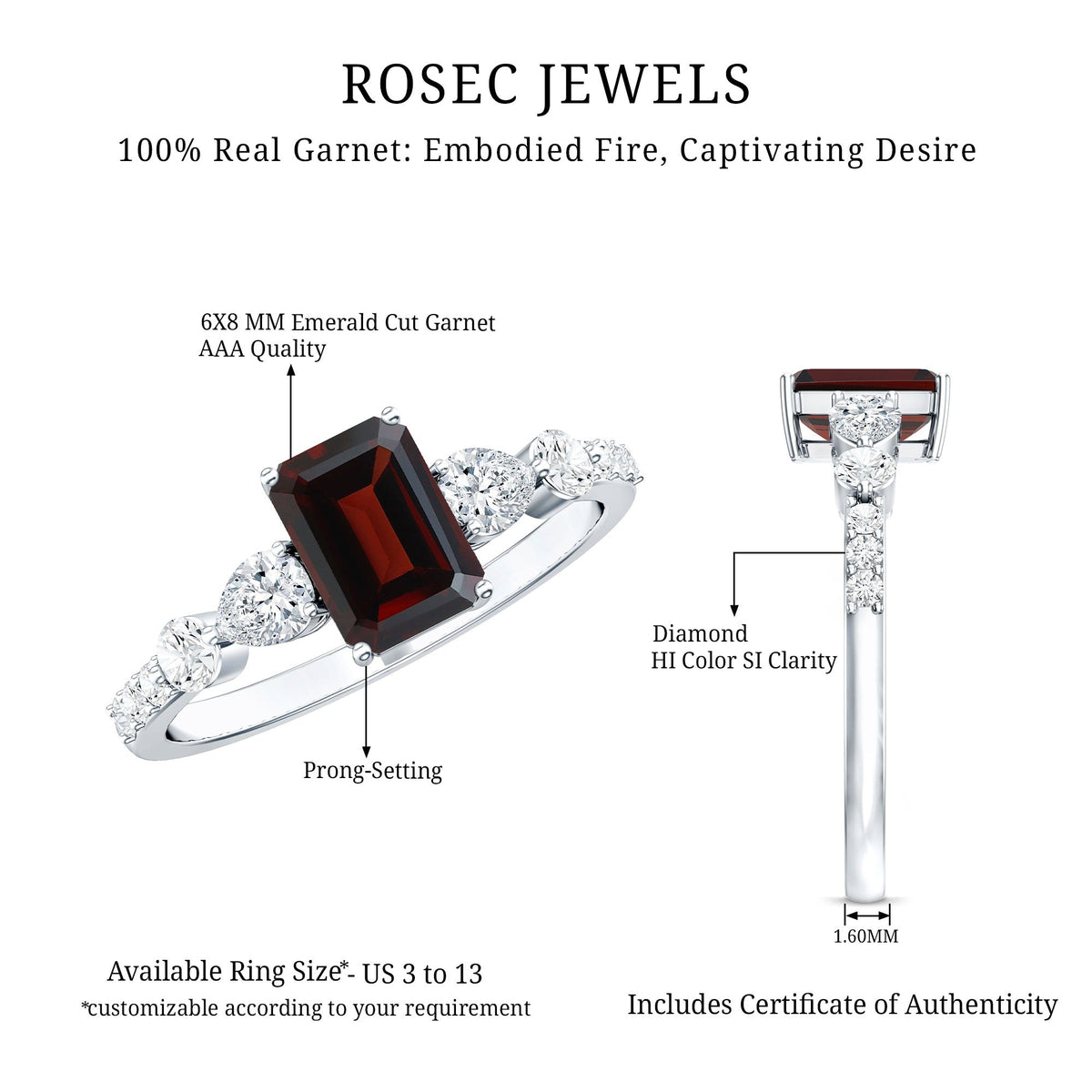 Genuine Garnet Emerald Cut Engagement Ring with Diamond Side Stones