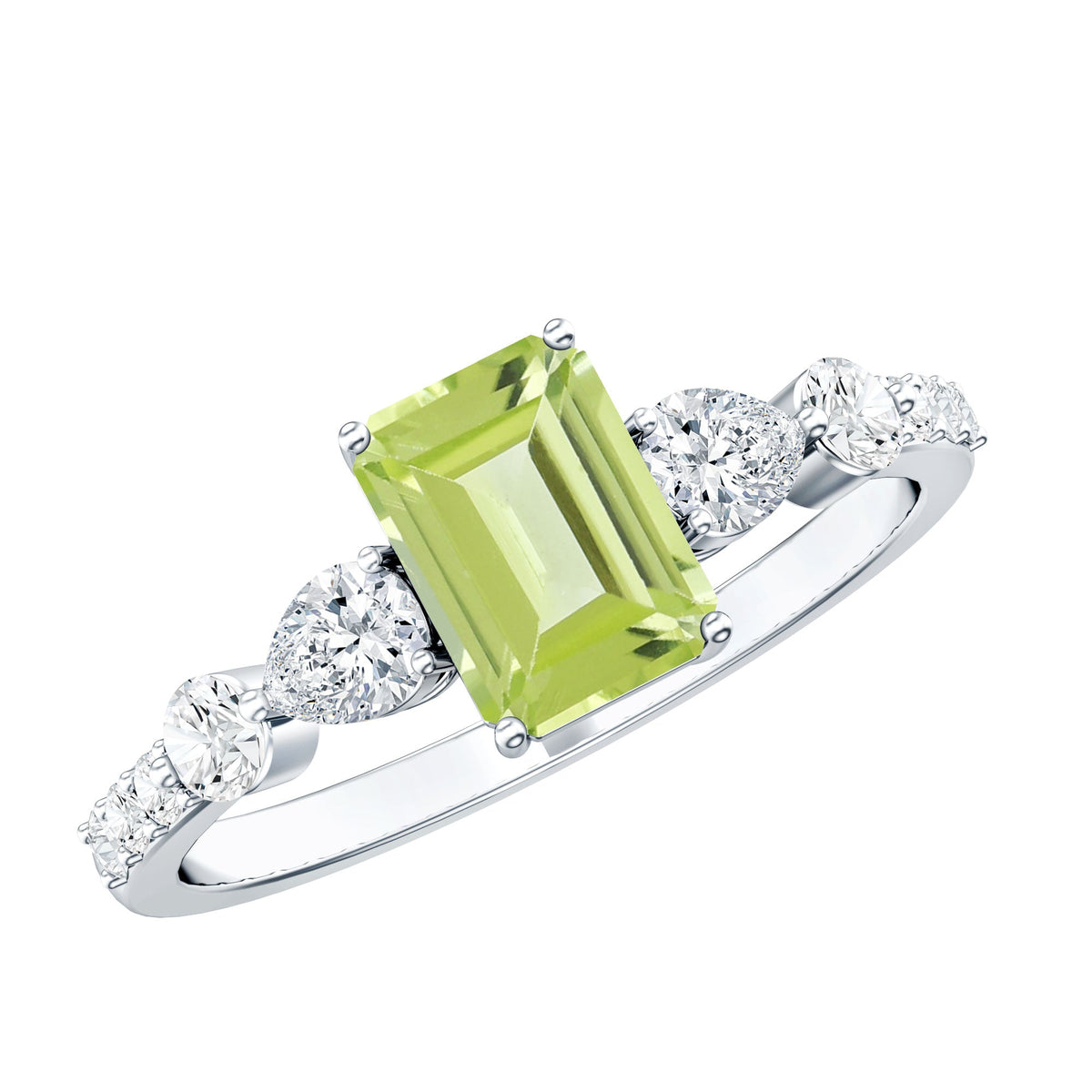 Natural 1.8 Carat Peridot Emerald Cut Engagement Ring with Side Stones