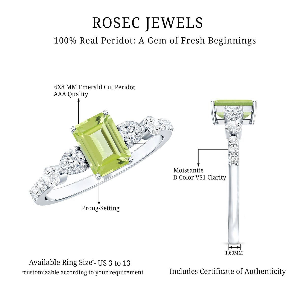 Natural 1.8 Carat Peridot Emerald Cut Engagement Ring with Side Stones