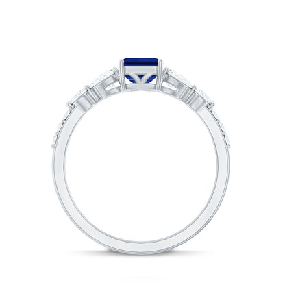 Certified 1.75 Carat Lab Grown Blue Sapphire Emerald Cut Engagement Ring with Diamond Side Stones