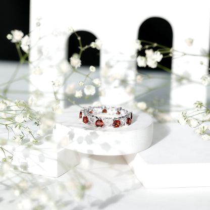 Natural Garnet Diamond Heart Eternity Ring for Anniversary