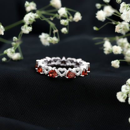 Natural Garnet Diamond Heart Eternity Ring for Anniversary