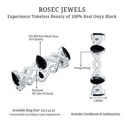 Pear Shaped Black Onyx and Diamond Crossover Wedding Band