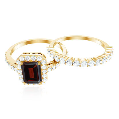 Genuine 2 Carat Emerald Cut Garnet Moissanite Wedding Ring Set of 2
