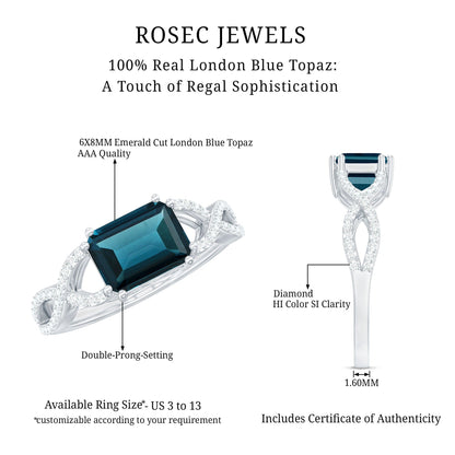 2.2 Carat Emerald Cut London Blue Topaz East West Engagement Ring with Diamond