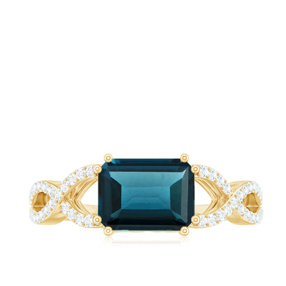 2.2 Carat Emerald Cut London Blue Topaz East West Engagement Ring with Diamond