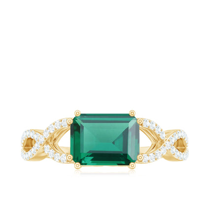 East West Style Lab Grown Emerald Cut Emerald Engagement Ring with Diamond