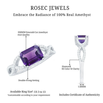 East West Style 1.4 Carat Emerald Cut Amethyst Engagement Ring with Diamonds