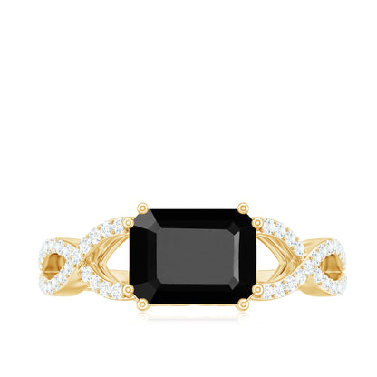 Designer Black Onyx Crossover Engagement Ring with Diamonds