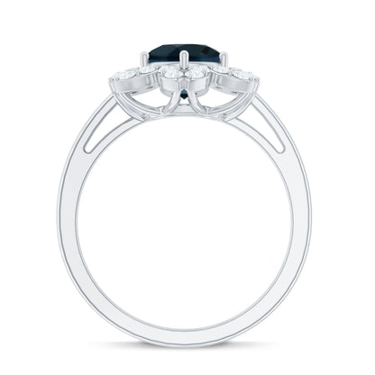 1.3 Carat Round London Blue Topaz Floral Engagement Ring with Diamond