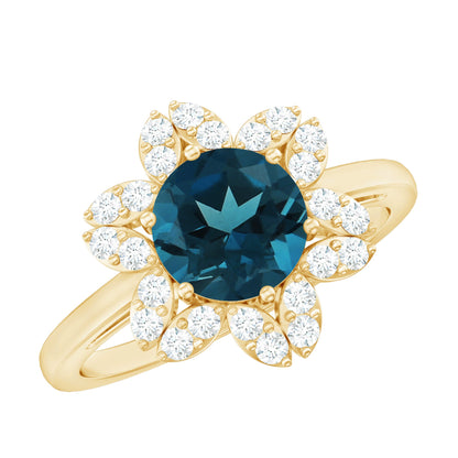 1.3 Carat Round London Blue Topaz Floral Engagement Ring with Diamond