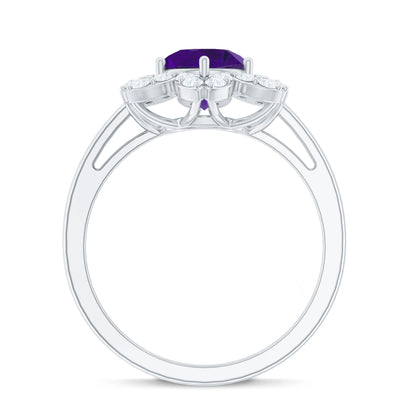 Round Amethyst Flower Engagement Ring with Diamond
