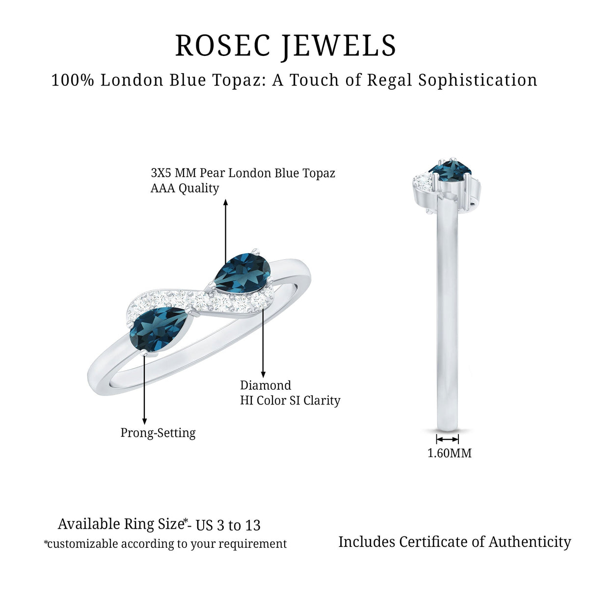 Pear Shape London Blue Topaz Infinity Promise Ring with Diamond