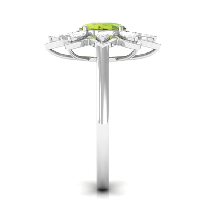Oval Cut Peridot and Diamond Flower Engagement Ring with Certificate