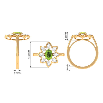 Oval Cut Peridot and Diamond Flower Engagement Ring with Certificate