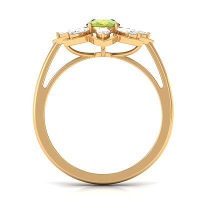 Oval Cut Peridot and Diamond Flower Engagement Ring with Certificate