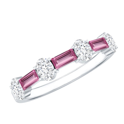 Natural Pink Tourmaline Semi Eternity Ring with Moissanite