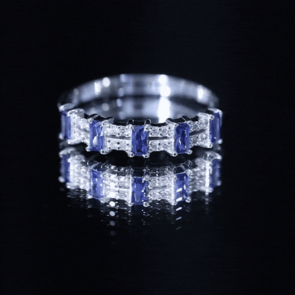Certified Baguette Lab Grown Blue Sapphire Half Eternity Band Ring with Diamond