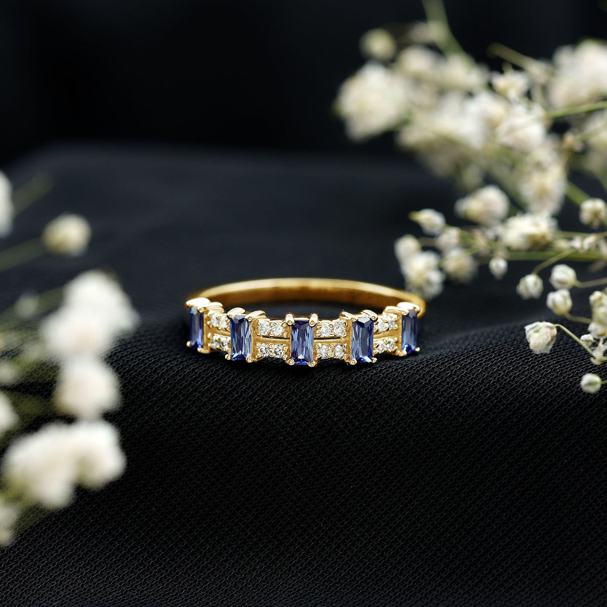 Certified Baguette Lab Grown Blue Sapphire Half Eternity Band Ring with Diamond