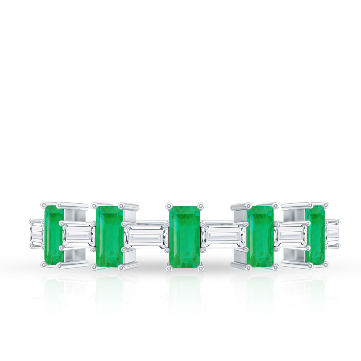 Genuine Baguette Emerald Half Eternity Ring with Moissanite