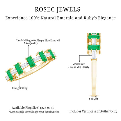Genuine Baguette Emerald Half Eternity Ring with Moissanite
