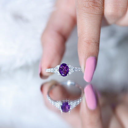 Natural 1 Carat Amethyst Oval Engagement Ring with Diamond