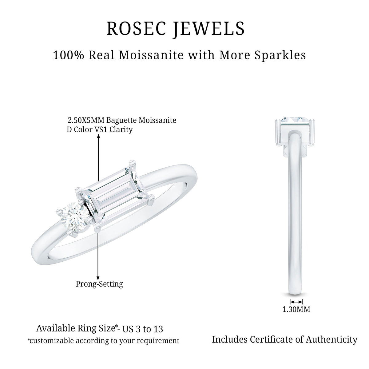 Baguette and Round Moissanite Two Stone Promise Ring