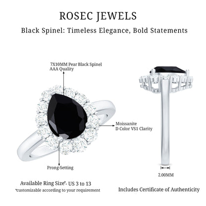 Certified Genuine 1.7 Carat Black Spinel Teardrop Engagement Ring with Diamond Halo