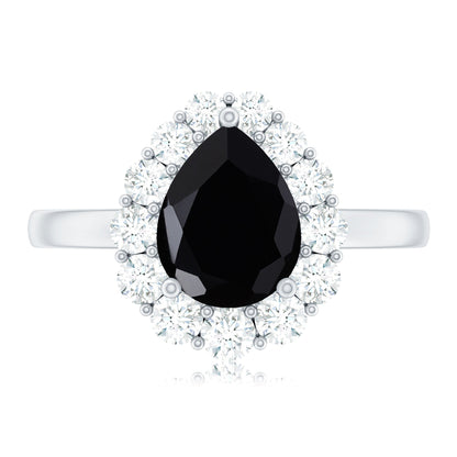Certified Genuine 1.7 Carat Black Spinel Teardrop Engagement Ring with Diamond Halo