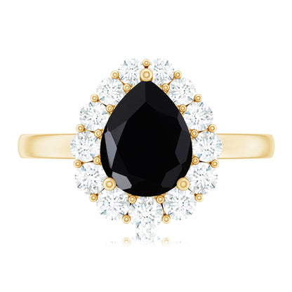 Certified Genuine 1.7 Carat Black Spinel Teardrop Engagement Ring with Diamond Halo