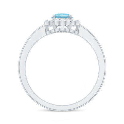 Real 1 Carat Aquamarine Oval Engagement Ring with Diamond Floral Halo