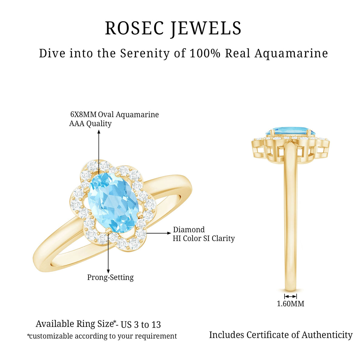 Real 1 Carat Aquamarine Oval Engagement Ring with Diamond Floral Halo