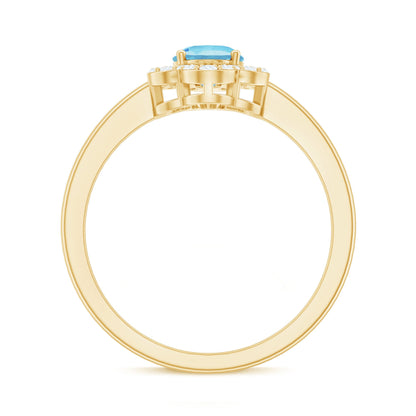 Real 1 Carat Aquamarine Oval Engagement Ring with Diamond Floral Halo