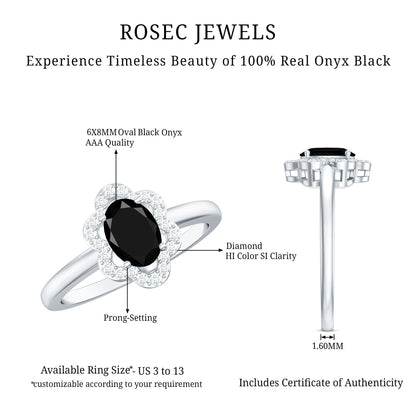 Certified Oval Cut 1 Carat Black Onyx Flower Engagement Ring with Diamond Halo