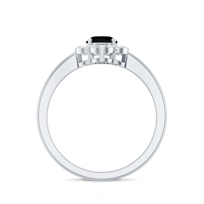 Certified Oval Cut 1 Carat Black Onyx Flower Engagement Ring with Diamond Halo