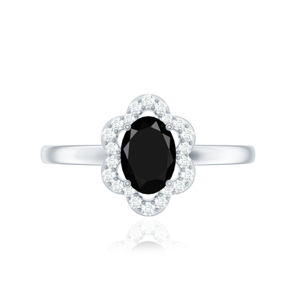 Certified Oval Cut 1 Carat Black Onyx Flower Engagement Ring with Diamond Halo
