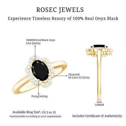 Certified Oval Cut 1 Carat Black Onyx Flower Engagement Ring with Diamond Halo