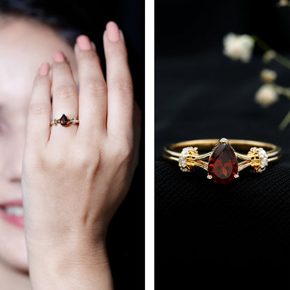 Certified Real 0.8 Carat Garnet Pear Shaped Engagement Ring with Diamond